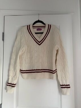 Edikted Cream Cable Knit V-Neck Sweater with Maroon Trim